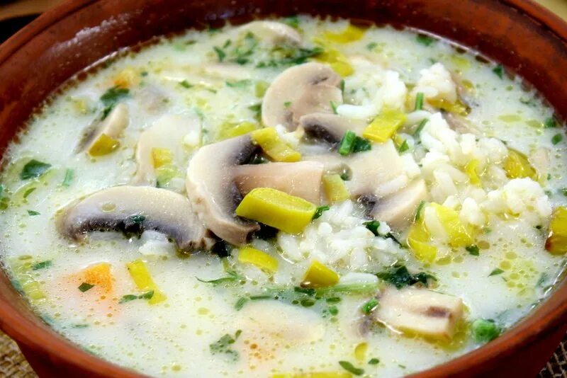 Суп с грибами рисом и картошкой. Грибной суп с рисом. Сливочный суп с рисом и грибами. Сливочный суп с курицей. Рисовый грибной суп.