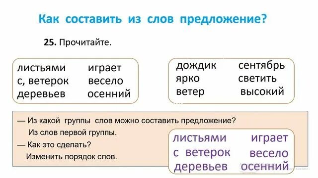 Составить предложение из слов 2 класс. Составить предложение из слов 1 класс.