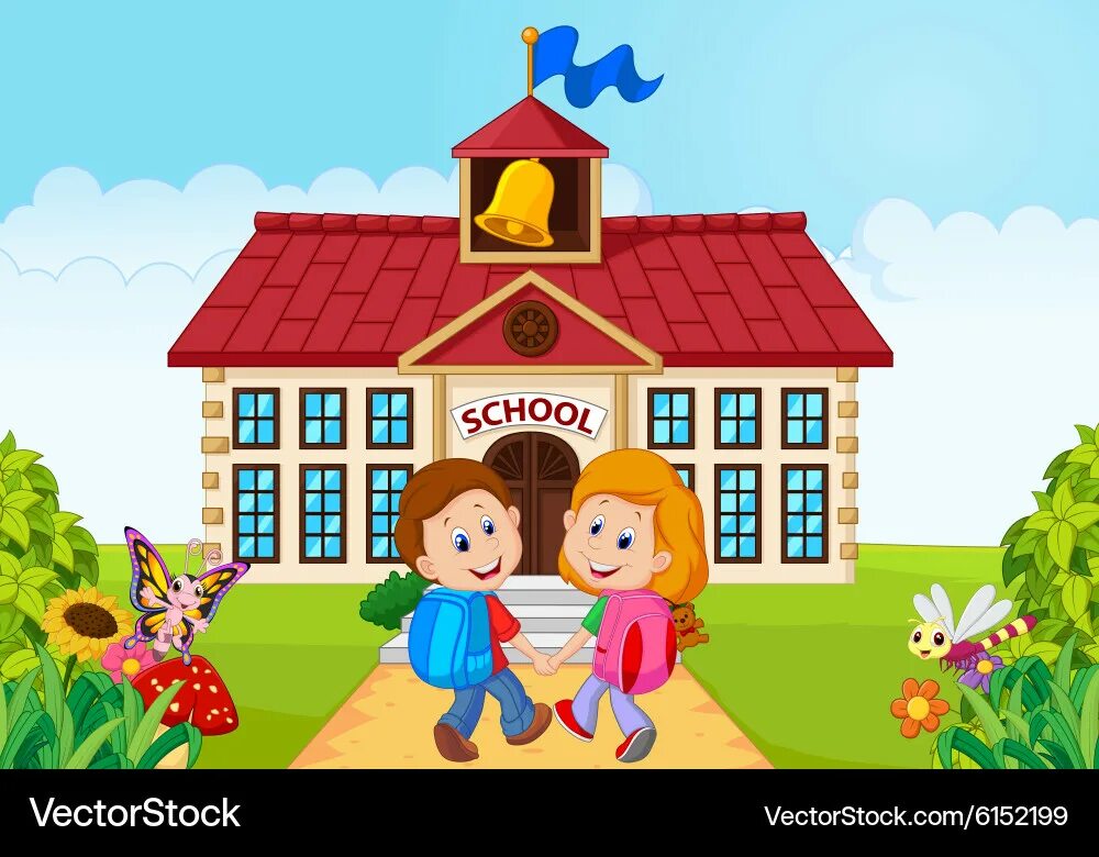 Does susan go to school or. Школа мультяшная. маленькая школа здание. мультяшные дети идут в школу. go to school рисунок.