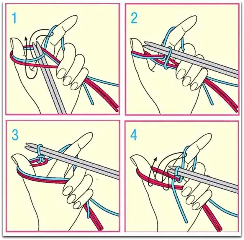 Крестообразный набор петель болгарский зачин. Набор петель Джуди Беккер. Шнурообразный набор петель спицами. Крестообразный набор петель спицами для резинки 1х1. Как красиво набрать петли спицами