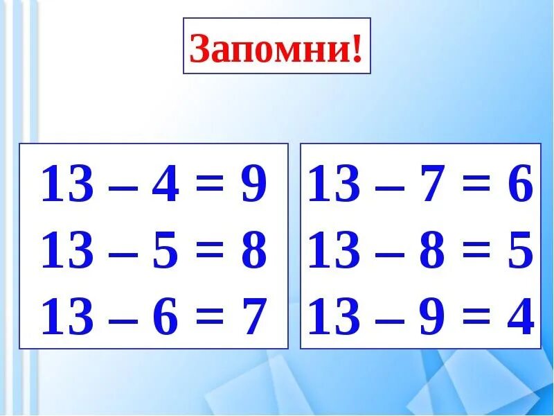 Урок табличное вычитание. Вычитание из числа 13. Вычитание однозначных чисел.