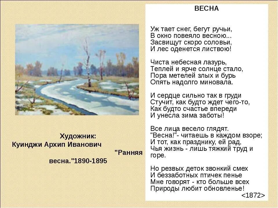 Стих Плещеева уж тает снег. Весною пахнет стихотворение