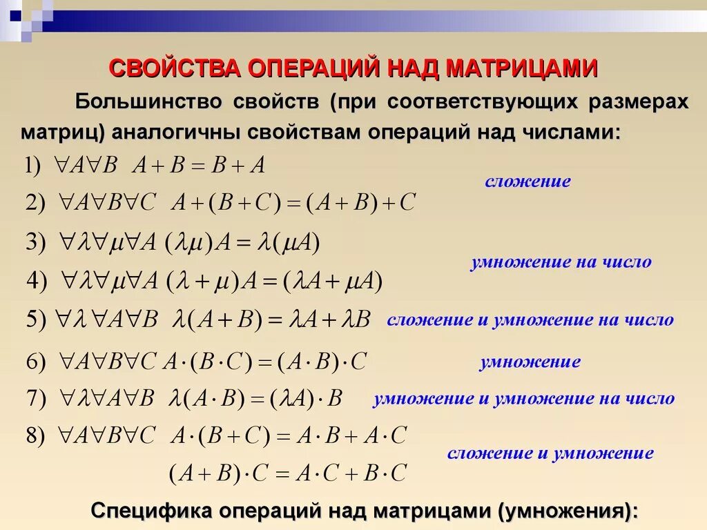 Свойства операции сложения матриц. Матрицы операции сложения и умножения на число. Свойства линейных операций матриц. Свойства операций над матрицами.