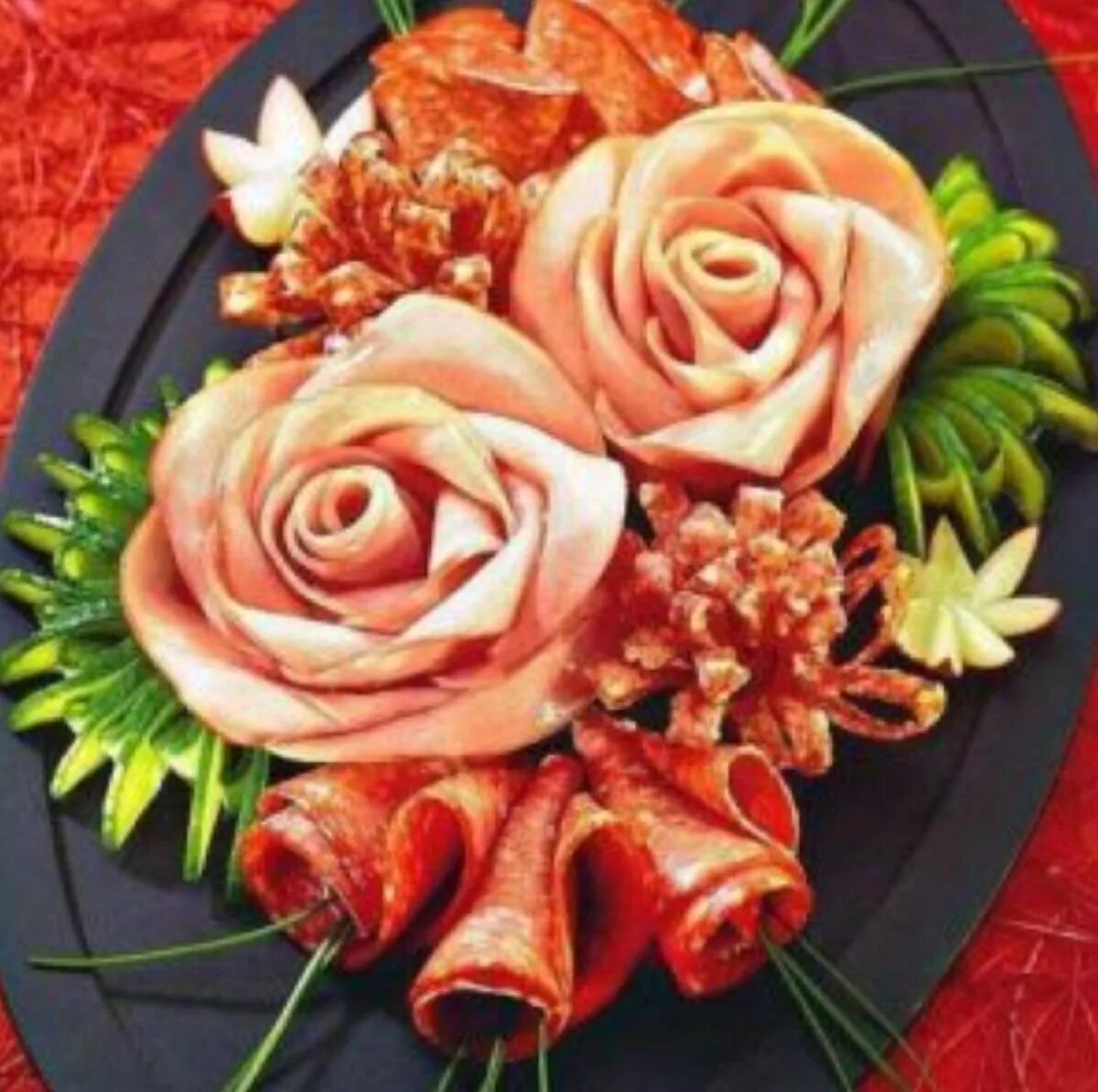 Как сделать розочку из колбасы видео. Карвинг из мясных продуктов. цветы из колбасы. розы из колбасы для букета. цветы из мясных нарезок.