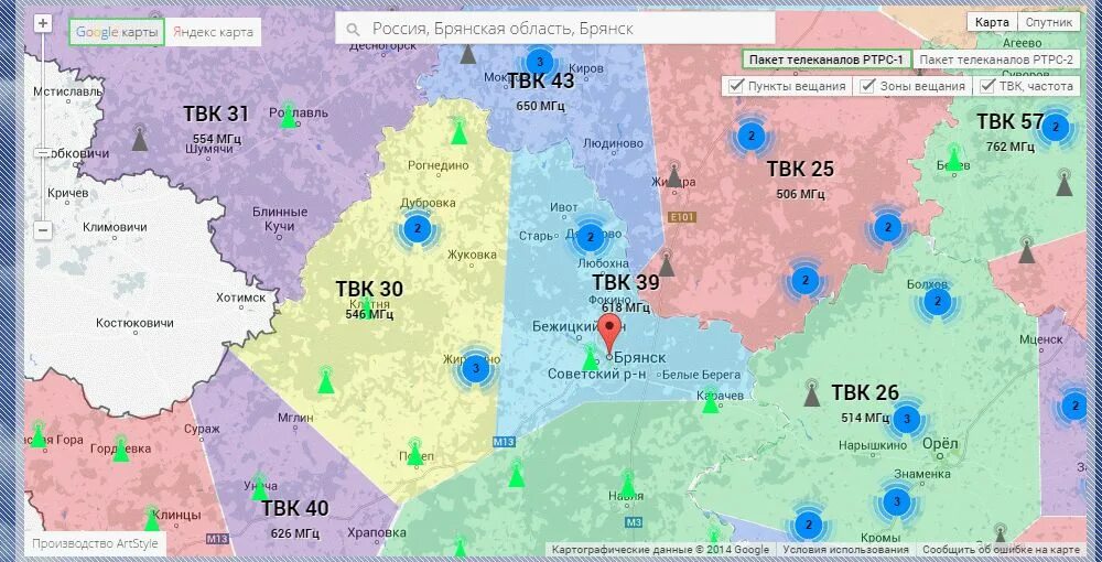 Карта телевышек цифровых