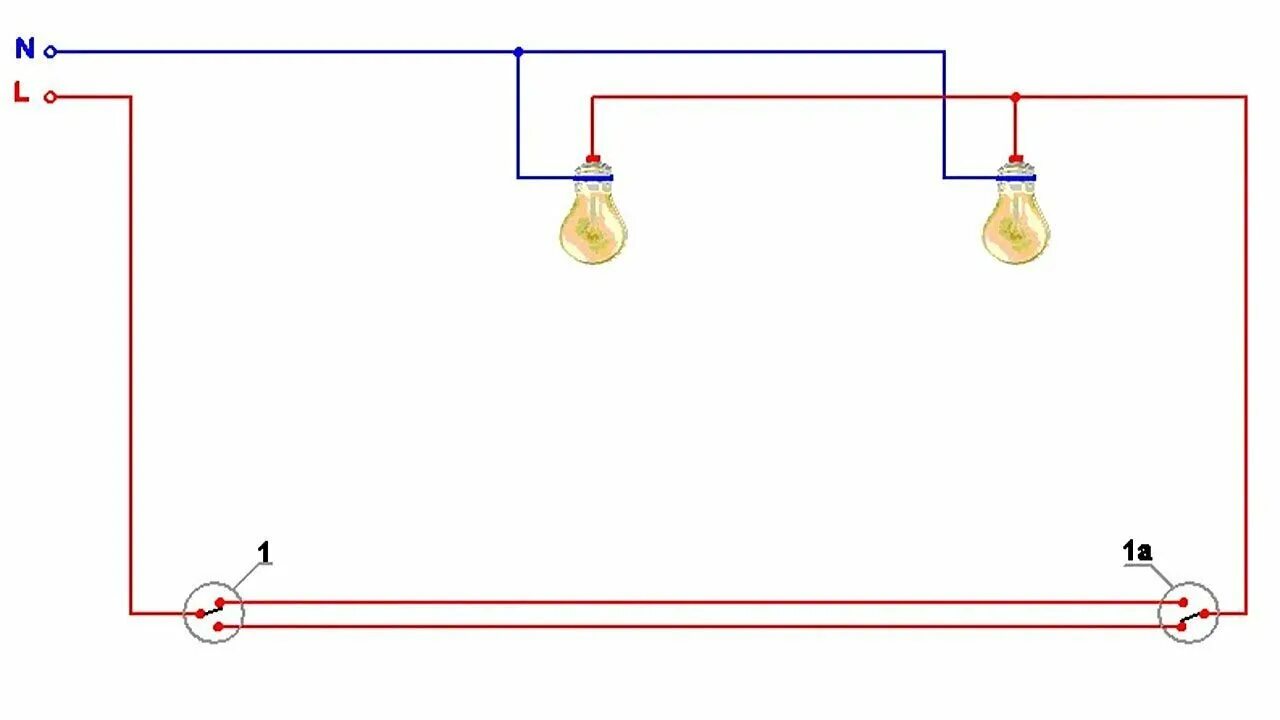 Как подключить лампочку на проходные выключатели. Схема включения проходных выключателей с 2 мест на две лампы. Схема подключения проходного переключателя на 2 лампы. Схема подключения проходных выключателей на 2 светильника. Схема подключения проходных выключателей на 2 лампы.