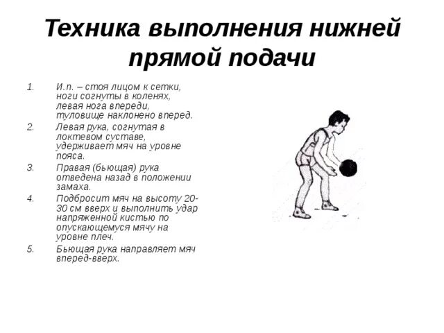 Техника выполнения прямой нижней подачи в волейболе. Техника выполнения нижней прямой подачи мяча. Техника нижней прямой подачи. Техника выполнения нижней подачи. Техника нижней прямой подачи в волейболе.