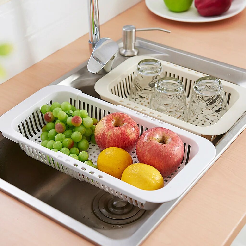 Купить пластиковую выдвижную. Kitchen Sink Basket для овощей. KSBL-01 Коландер (корзина) раздвижной для кухонной мойки. Органайзер для овощей на кухню. Органайзер для раковины на кухню.