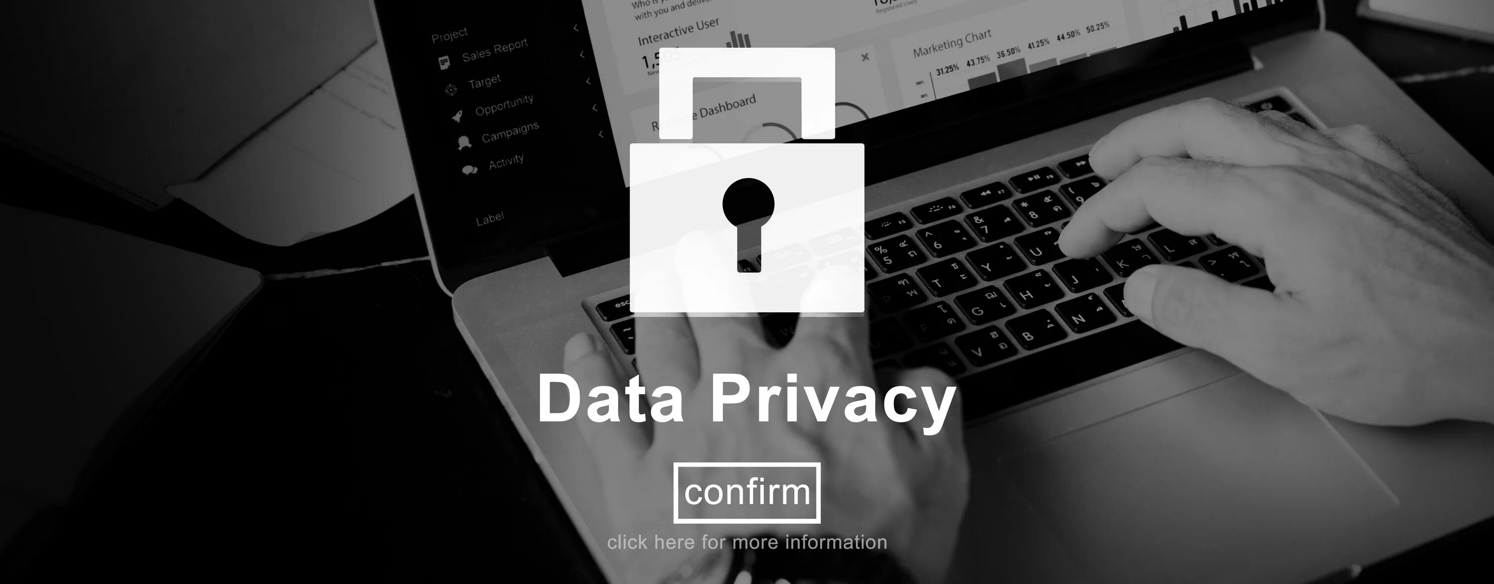 Ноутбук с текстом на экране. Protecting privacy. Click to confirm