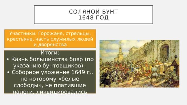 Причины соляного бунта в 17 веке. Участники соляного бунта 1648. Соляной бунт 1648 участники. Итоги Восстания соляного бунта.