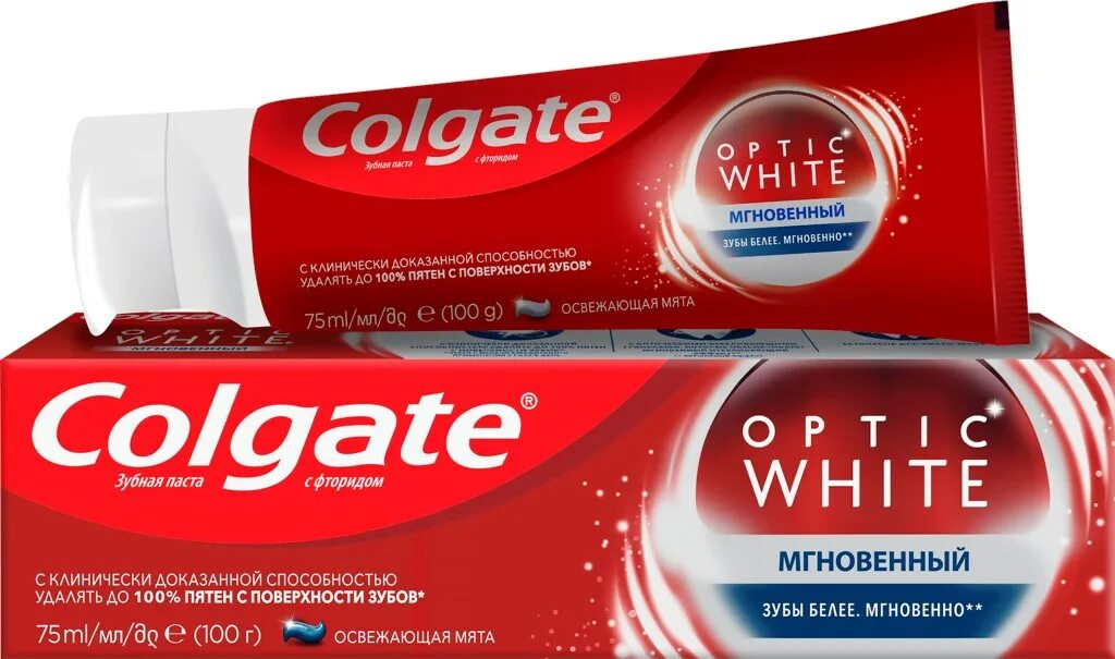 Зубные пасты colgate купить. Зубная паста Colgate Optic White. Colgate Optic White зубная паста мгновенный. Колгейт оптик Вайт зубная паста 75. Зубная паста Colgate Optic....