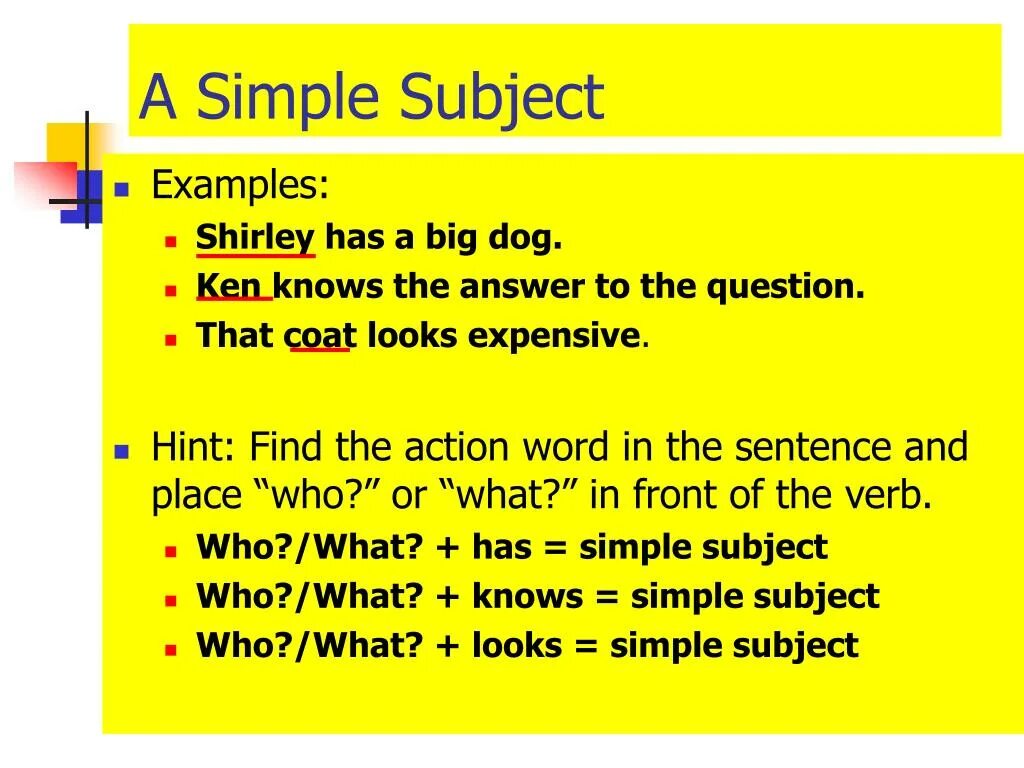 Simple subject. Subject examples. What is the subject. Subject in simple sentence.