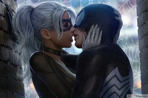 Комиксы Spider-Man Venom Symbiote Black Cat Kiss (Marvel) 4K загрузка обоев