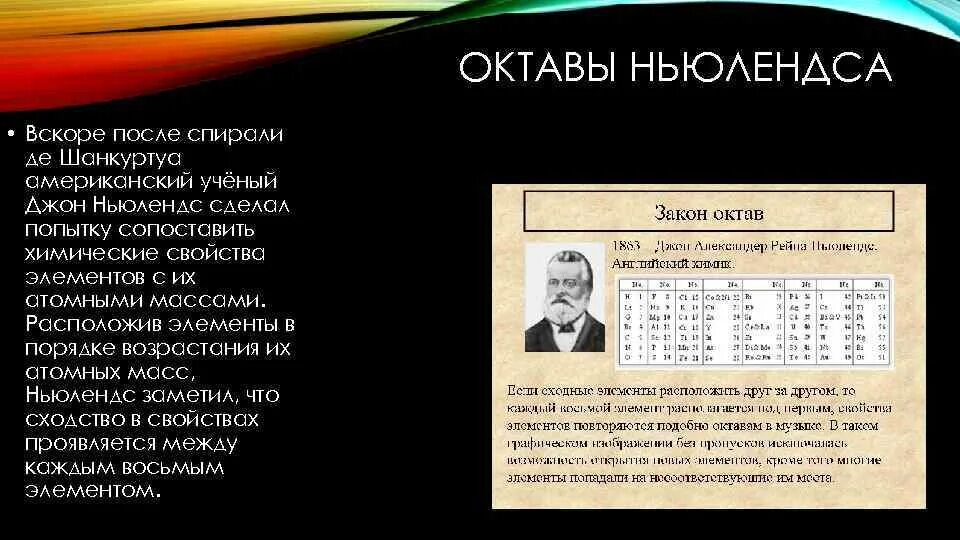 Закон октав. Октавы Ньюлендса. Таблица Ньюлендса. Закон октав Ньюлендса. История открытия периодического закона.