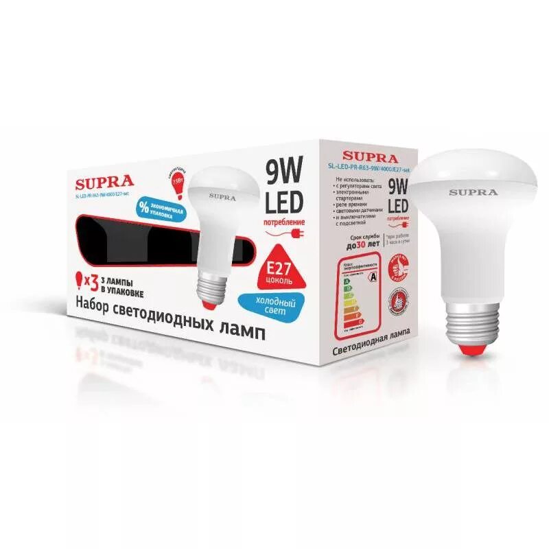 Sl led. Лампа светодиодная supra sl-led-pr, e27, r63, 8вт. лампа светодиодная supra sl-led-pr, e14, r50, 8вт. упаковка светодиодных ламп 3 шт supra sl-led-pr-4000к, e27, r63, 9вт. упаковка ламп led supra e14.