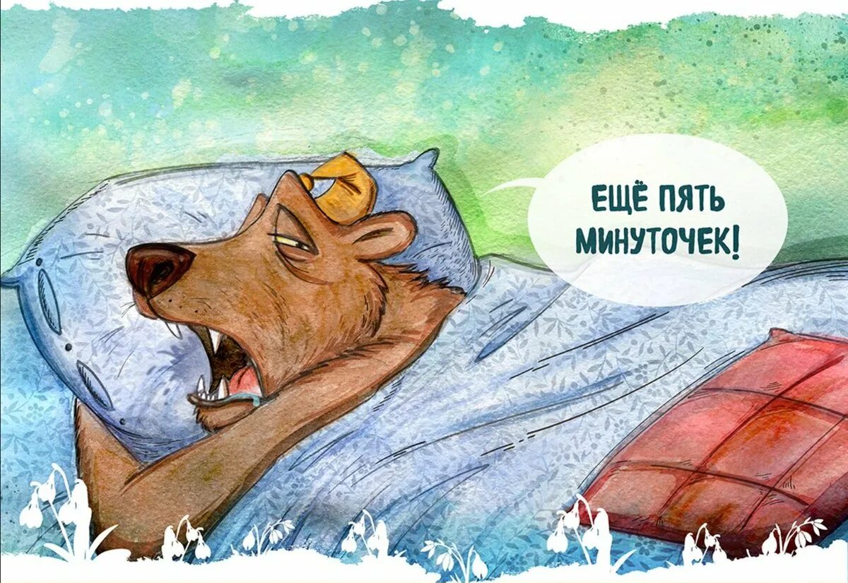 Мам еще 5 минут. Карикатура с добрым утром. Доброе утро медведь. Медведь проснулся. Утренний юмор в картинках.