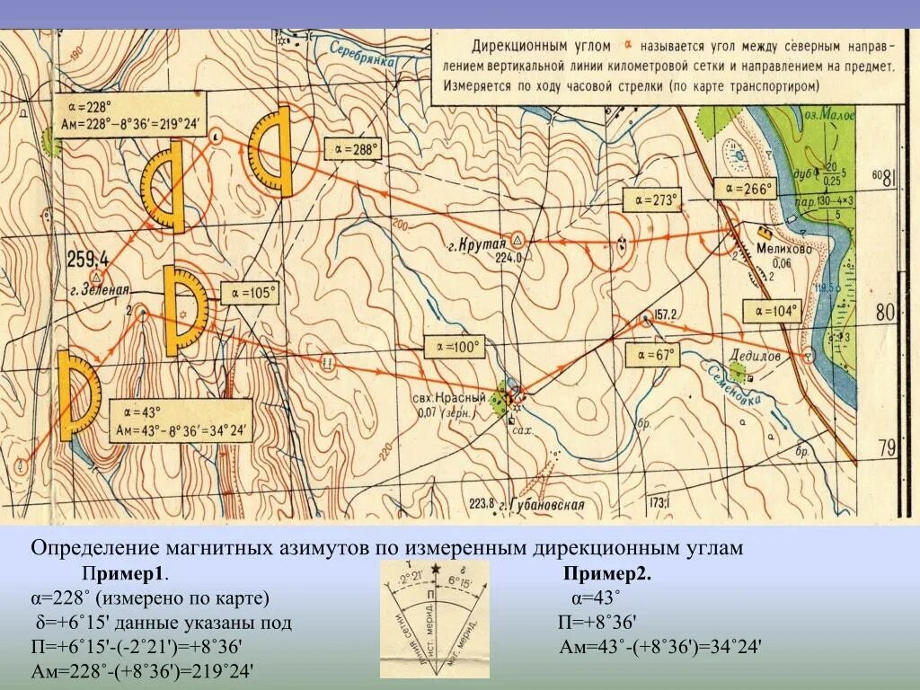 Измерение дирекционного угла на карте. Измерение магнитных азимутов по карте. Магнитный Азимут на топографической карте. Дирекционный угол на карте.