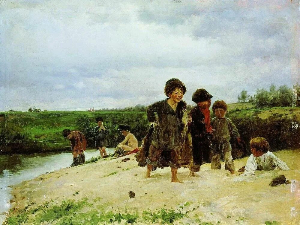 России дети картины. Маковский «от дождя» 1887.