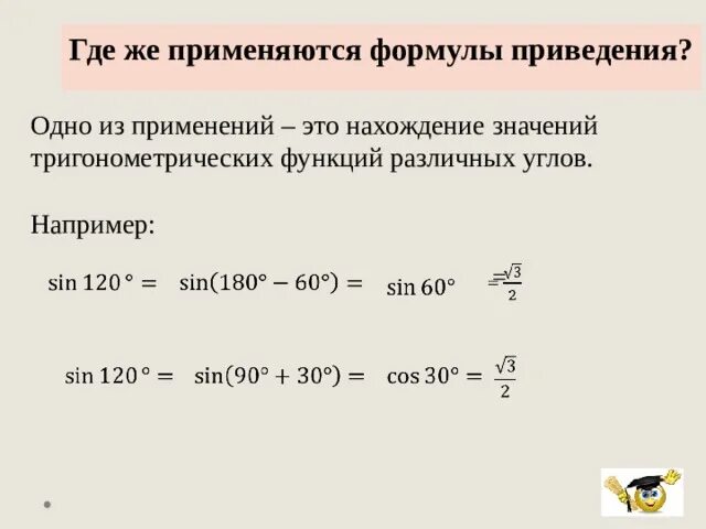 Формулы приведения тригонометрических функций. Применение формул приведения. Формулы приведения в тригонометрии. Алгоритм применения формул приведения. Восстановите алгоритм формул приведения в тригонометрии