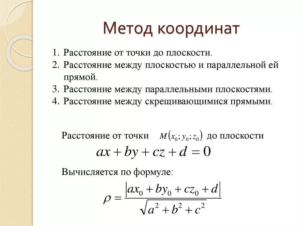 Расстояние между прямой и плоскостью метод координат. Как найти расстояние между прямыми методом координат. Формулы метода координат. Расстояние между прямыми координатный метод формула. Площадь метод координат