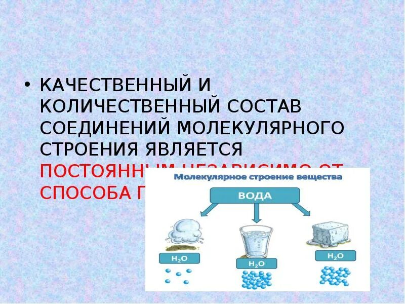 Качественный и количественный состав вещества. Постоянство состава вещества молекулярного строения. Качественный и количественный состав вещества химия. Закон постоянства состава веществ молекулярного строения конспект. Количественный состав соединения