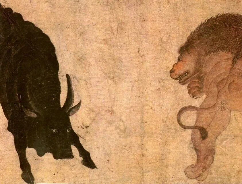 Лев бык 2024. Бык и Лев на фресках. Картина фреска с быками. Старинная иллюстрация быка.