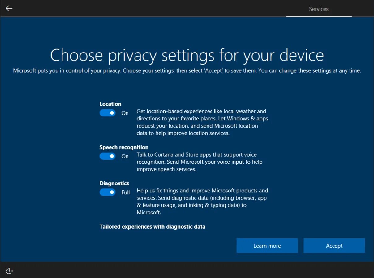 Setting windows 10. Privacy settings. oobe windows 10. windows 10 privacy. data usage.