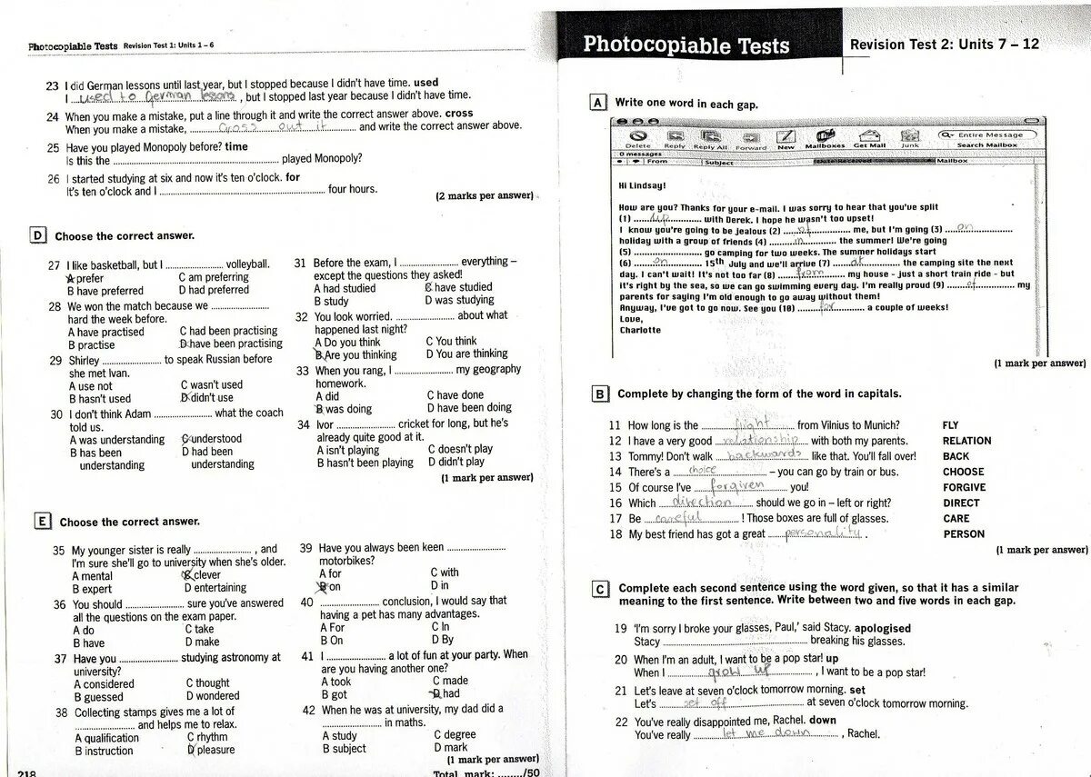 Revision units 1 2. Photocopiable Tests ответы. Photocopiable Tests ответы по английскому. Revision Test 1 ответы. Unit 20 ответы.