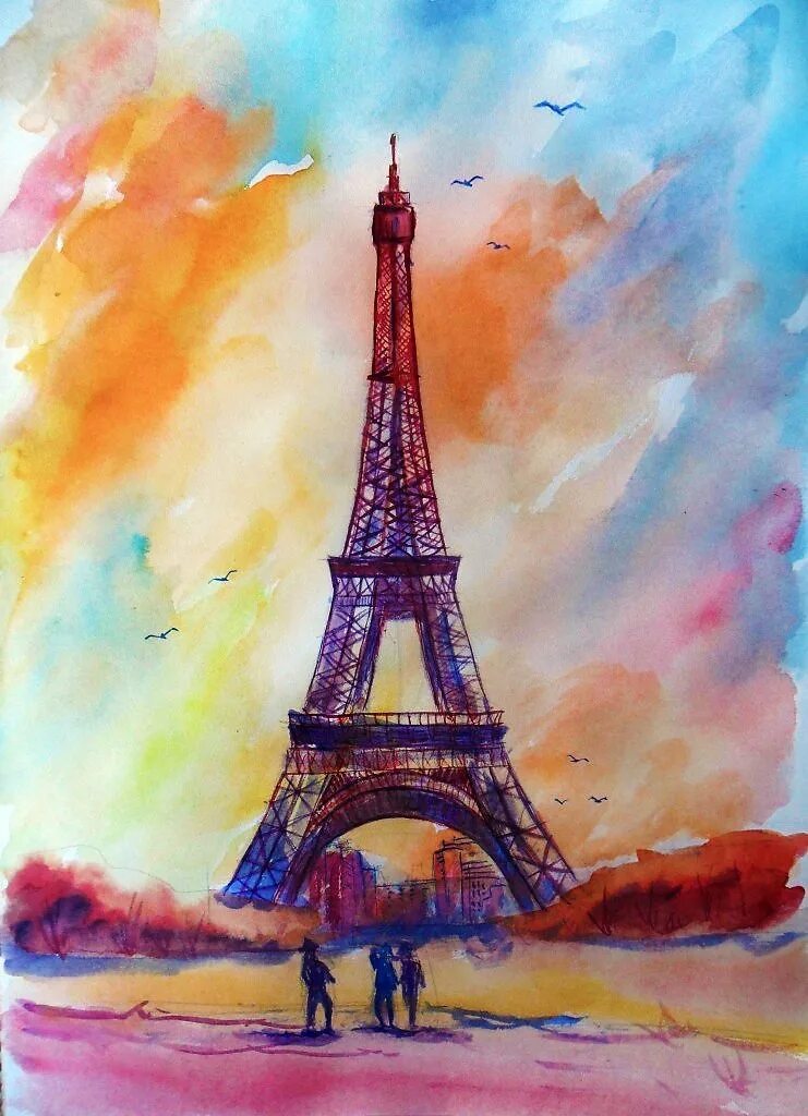 Париж Эйфелева башня акварель. Рисунки красками. Рисунки акварелью. Красивые рисунки красками.