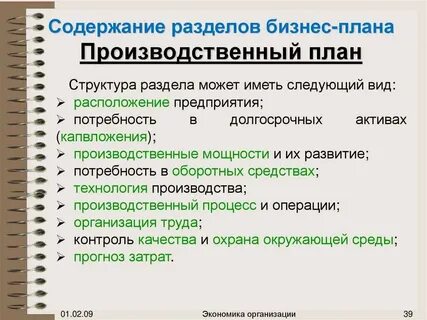 Производственный план включает в себя