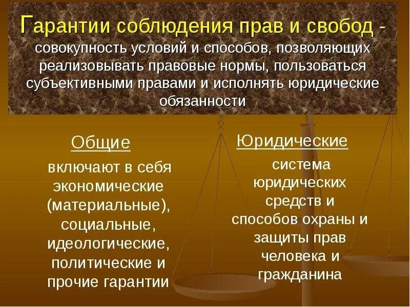 Гарантия осуществления прав и свобод. Гарантии субъективных прав. Гарантии реализации социально-экономических прав и свобод. Гарантия соблюдения прав человека. Гарантия правового государства.