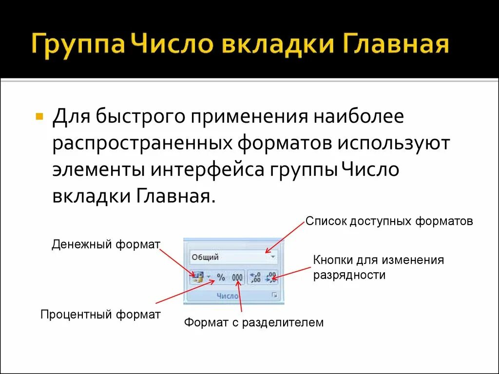 Вкладка элемент. Вкладка главная группа число. опишите группу кнопок число на вкладке главная. основные элементы вкладки главная. главная вкладка число числовой формат.