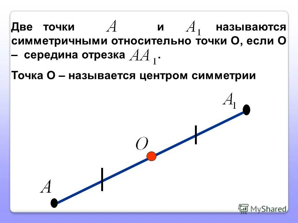 Как называется точка. Какие две точки называются симметричными относительно данной точки. центр симметрии отрезка. точка о центр симметрии. две точки симметричные относительно точки.