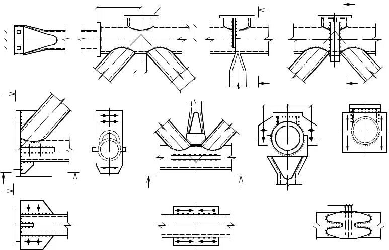 Соединение круглых труб. Узел сварной фермы чертеж. Узлы трубчатых ферм. Сварная конструкция из круглых труб чертеж. Опорный узел фермы из круглых труб.