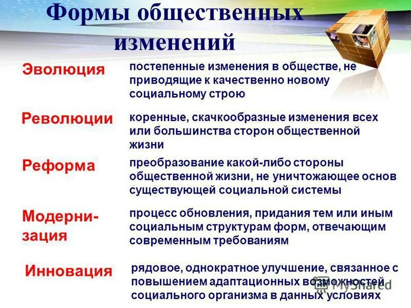 Изменение в обществе преобразование. Формы общественных изменений. Формы социальных изменений. Социальный прогресс. Формы социального прогресса обществознание.