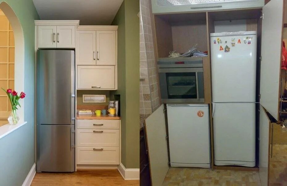 Как можно закрыть холодильник. Ниша для холодильника. Встраиваемый холодильник в кухонный гарнитур. Встроенный холодильник в кухонный гарнитур. Кухня с маленьким холодильником.
