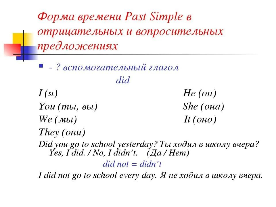 Past simple вопросительные предложения. Отрицательные предложения в past simple. Вопросительная и отрицательная форма в past simple. Past simple отрицание и вопрос.