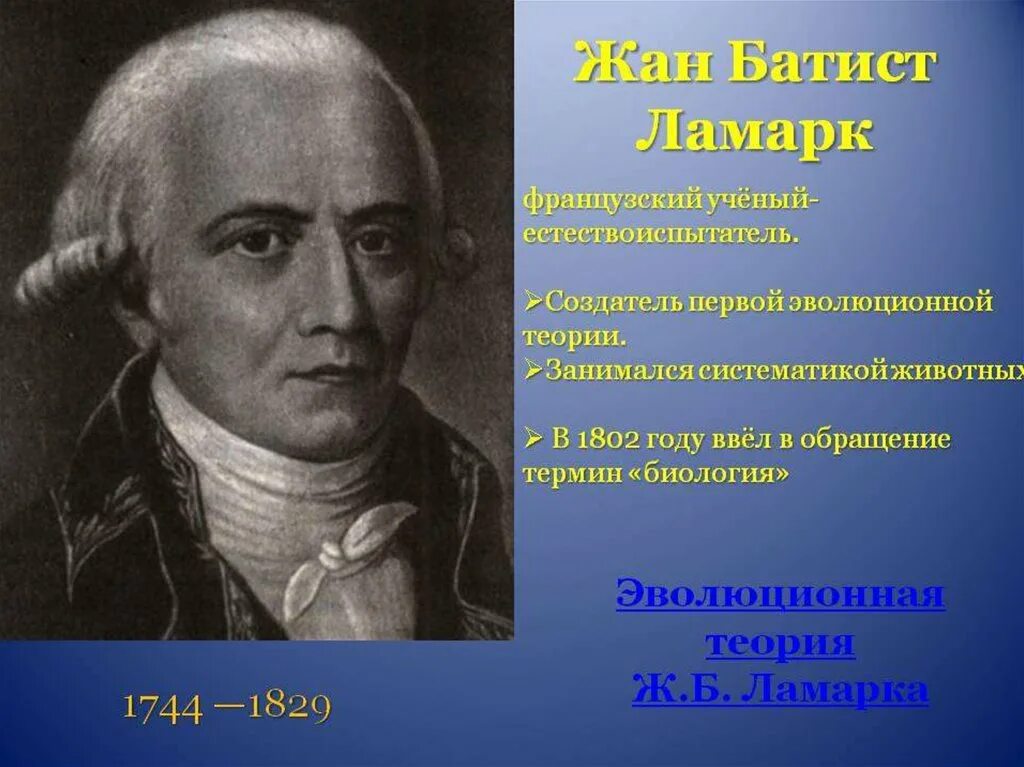 1802 Год Ламарк Батист. Создатель первой эволюционной теории. Ученые эволюционисты в биологии.