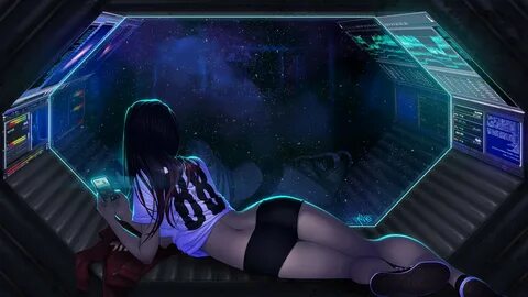 space, ass, reflection, legs, purple, stars, black hair, rear view, dark ha...