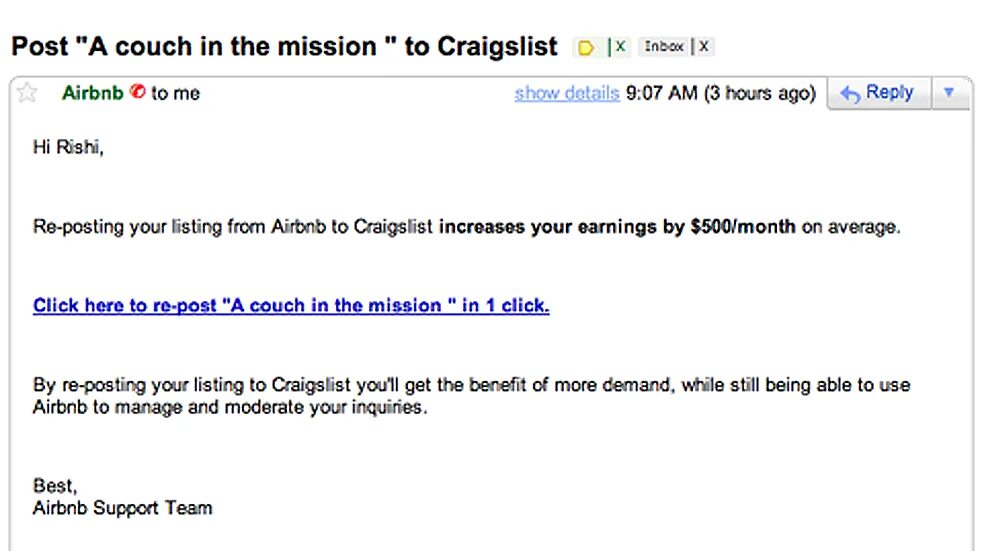 Reply posting. Airbnb craigslist API.