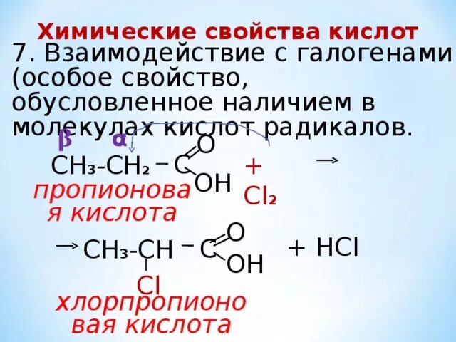 Пропионовая кислота продукт реакции. Пропионовая кислота с ch3 – ch2 – CL. Карбоновая кислота cl2. Пропионовая и пропановая кислота. Химические свойства пропановой кислоты.