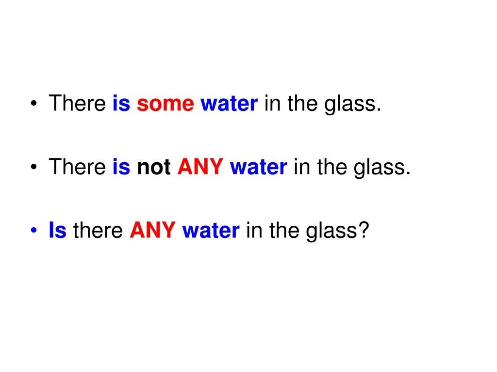 There is some Water. Some Water there is или there are. There is Water in the Glass. There are или there is any Water. There are some milk in the glass