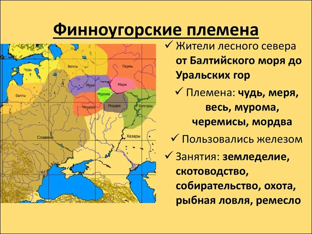 Урал племен. Финно угорские племена в древней Руси. Соседи славян: хазары, булгары. Славянские племена Киевской Руси. Расселения славян чудь.