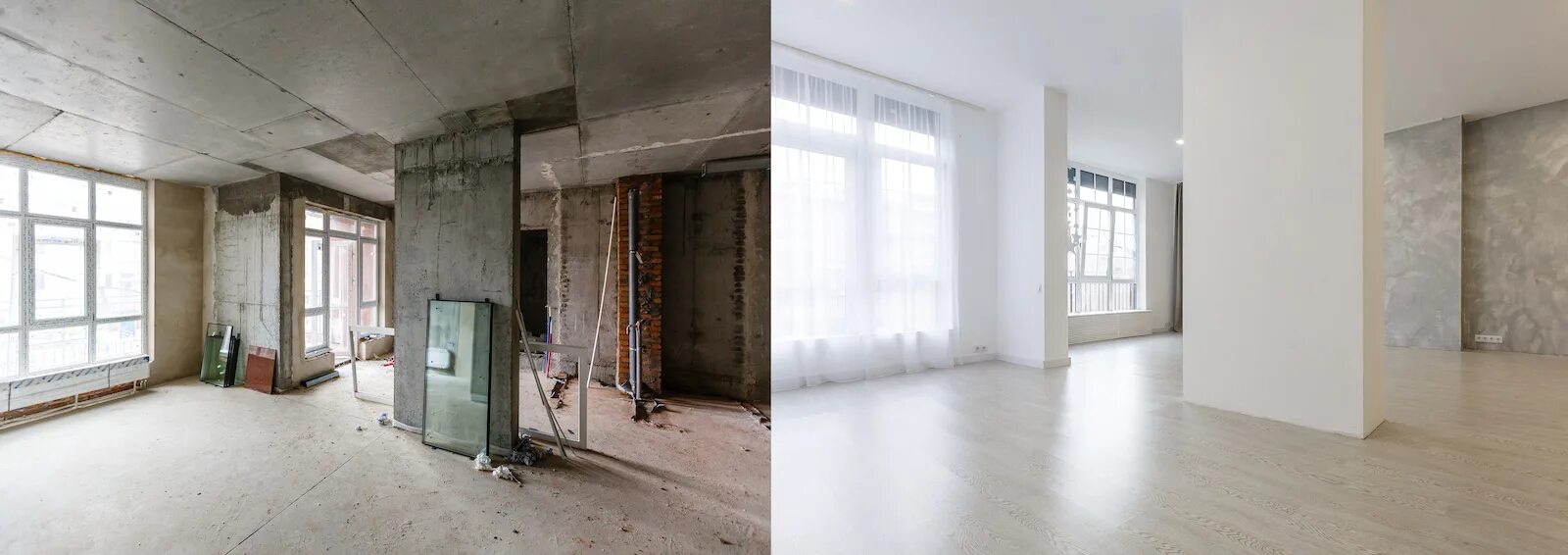 After finishing i. Apartment Renovation before after. Renovation or refurbishment. Renovation and modernization with Drywall Plaster in a walk-through Room.