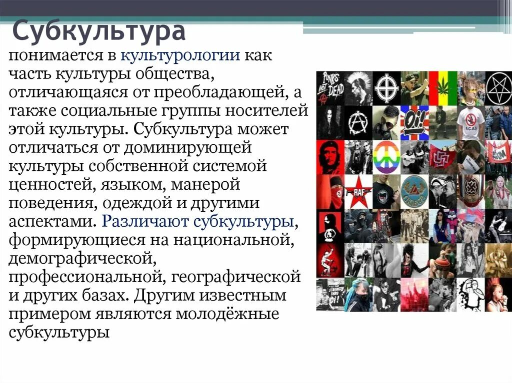 Субкультура и контркультура примеры. Культура и субкультура молодежи. Контркультура примеры. Формы культуры молодежная субкультура. Разновидности субкультур.