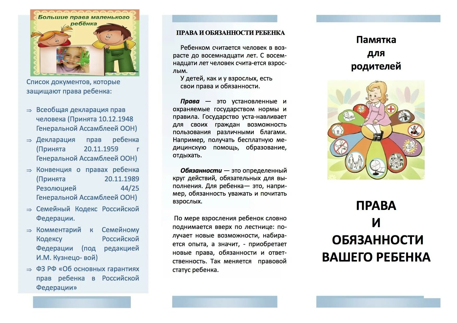 Правовой буклет. Памятки по правовому воспитанию детей в ДОУ. Буклет по правам ребенка.