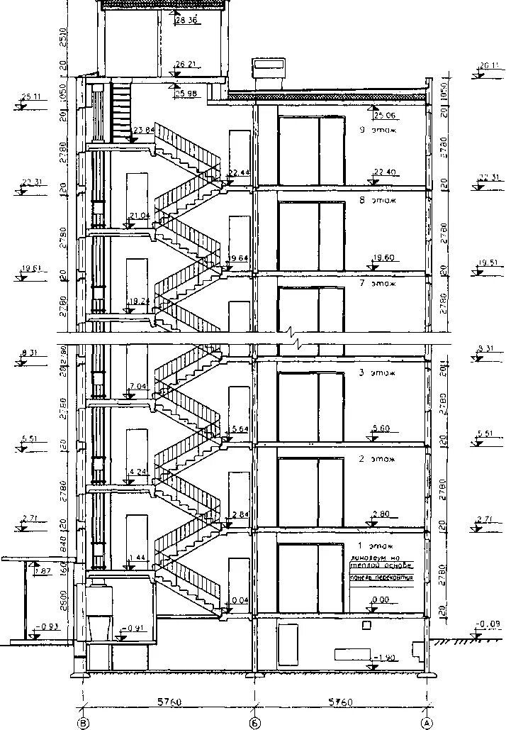 В многоэтажном доме между этажами одинаковое. Разрез здания чертеж многоэтажного. Разрез здания с лестничной клеткой. Противопожарные стены лестничных клеток узел. Разрез по лестничной клетке панельного здания.