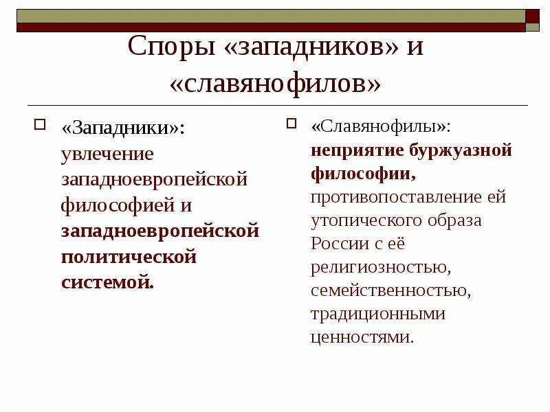 Западники и славянофилы. Плюсы и минусы западников и славянофилов. Спор западников и славянофилов. Основные взгляды славянофилов. Западничество и славянофильство философия