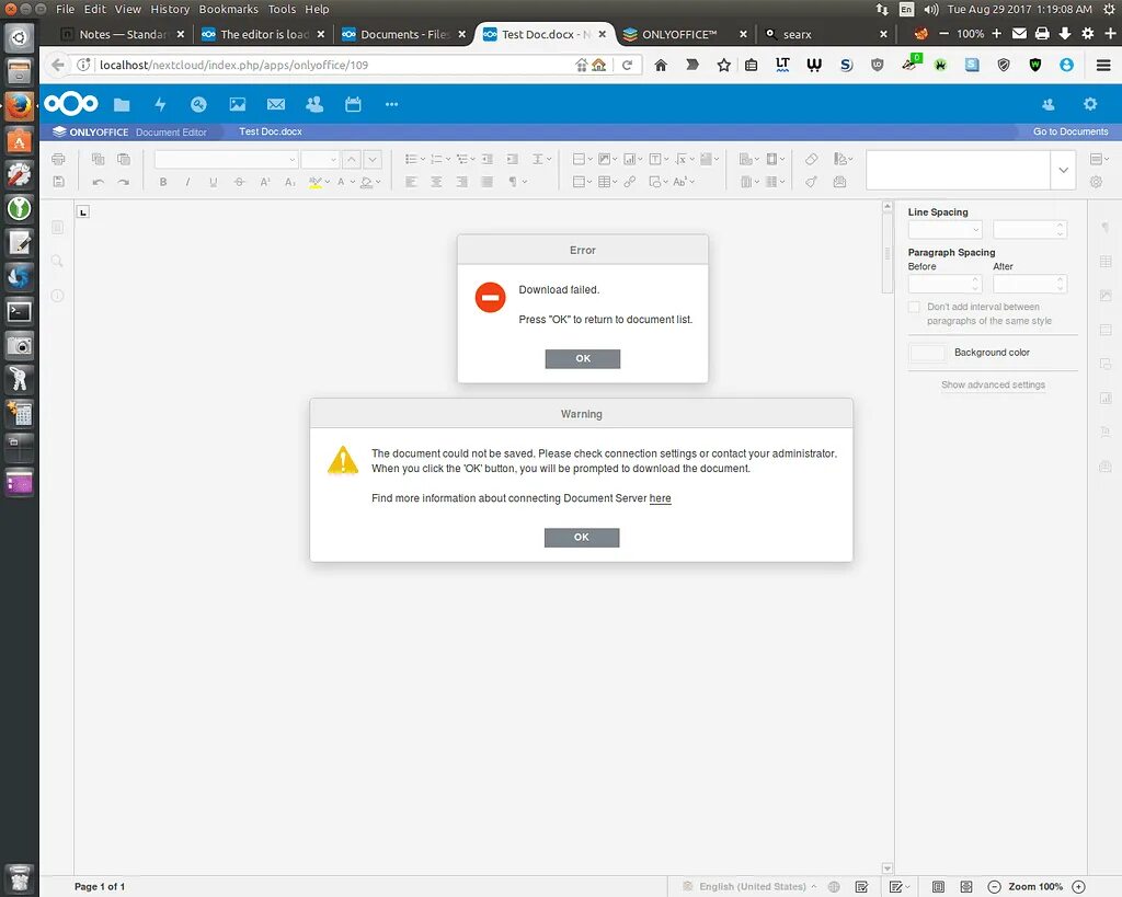 Nextcloud ONLYOFFICE docker. ONLYOFFICE Error loading. ONLYOFFICE document not loading. Not saved message.