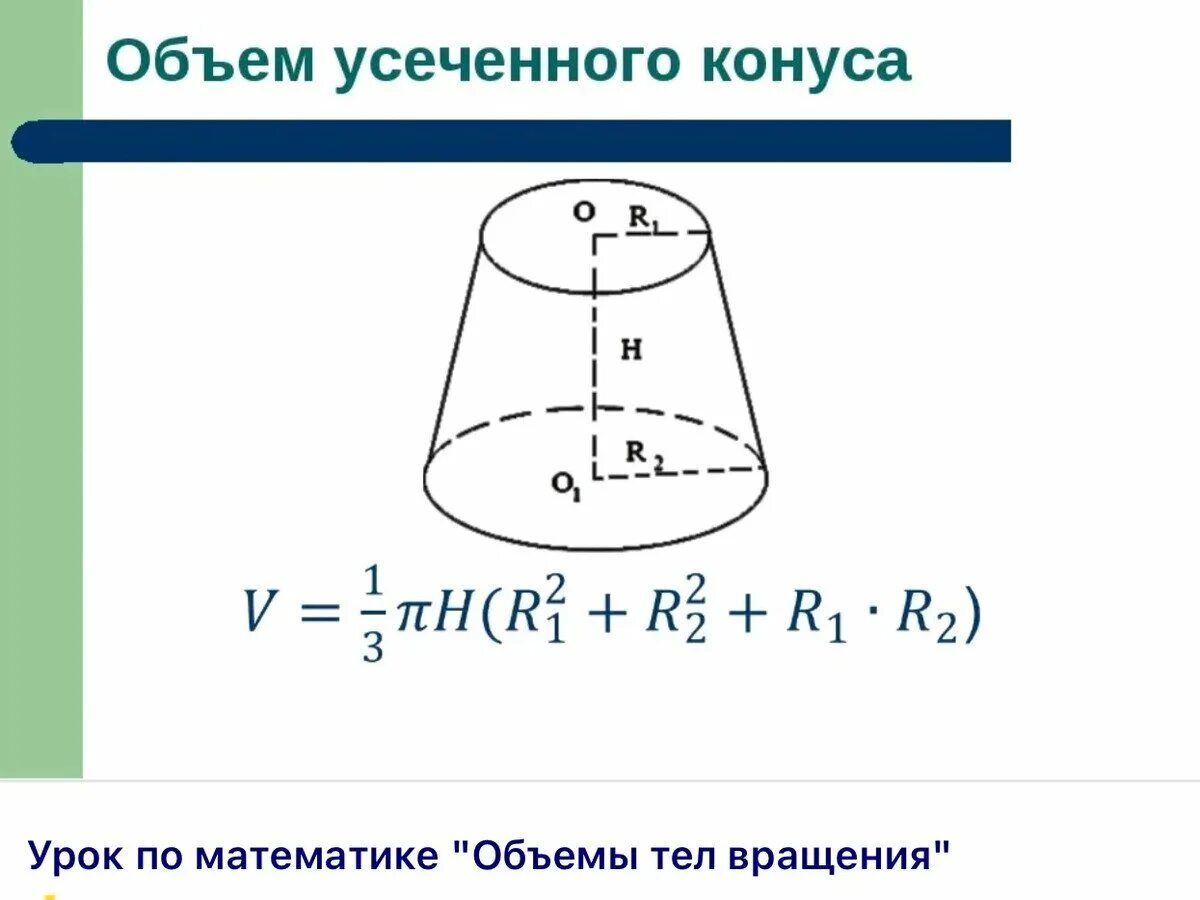 Формула для вычисления объема усеченного конуса. Формула расчета объема усеченного конуса. Формула объёма усеченного конуса рассчитать. Объём усечённого конуса формула